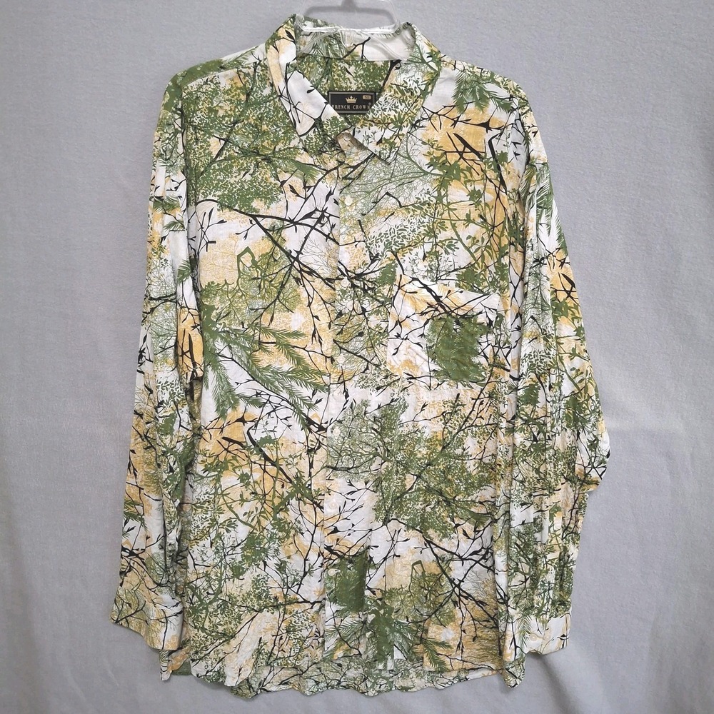 French Crown Mens 50 4XL Linen Forest Tree Branch Print Long Sleeve Button Shirt